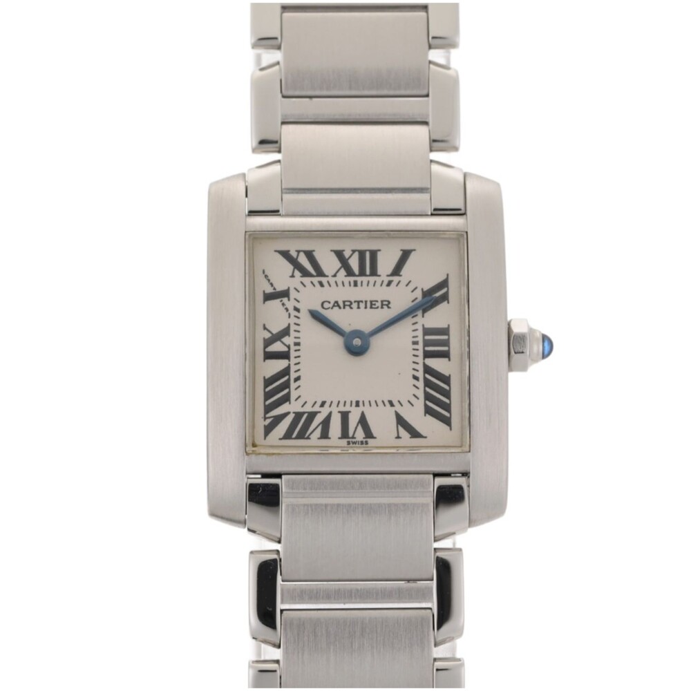 Cartier Silver Stainless Steel Tank Watch with Blue Hands
